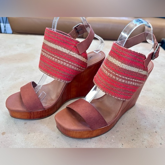 Lucky Brand Lapaloma Boho Leather & Wood Wedge Woven Strap 4.5” Heels - Sz 10 - Picture 9 of 12